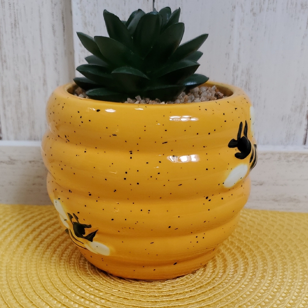NEW Bee Planter Pot Faux Succulent Potted Plant Yellow Beehive Bee Decor